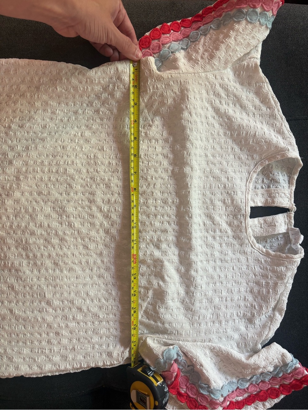 THML White Textured Short Sleeve Top with Pink & Blue Trim - Picture 9 of 10